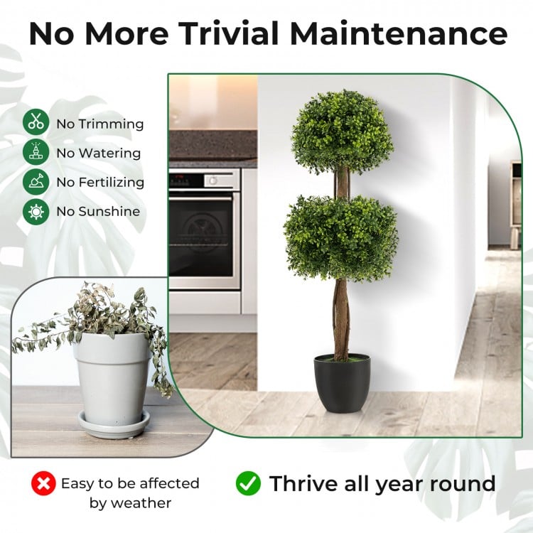 40-inch artificial boxwood topiary ball tree with dense leaves, ideal for low-maintenance decor in front porch or patio.