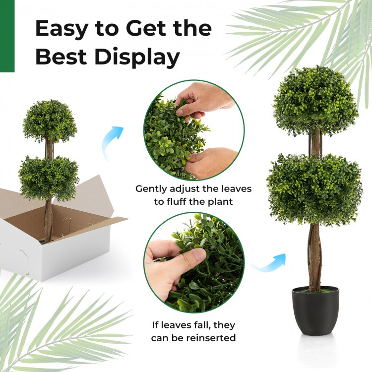 40-inch artificial boxwood topiary ball tree with dense leaves and weighted base, perfect for front porch or patio.