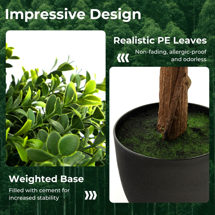 Double ball-shaped artificial boxwood topiary tree with realistic PE leaves and weighted base for front porch decor.