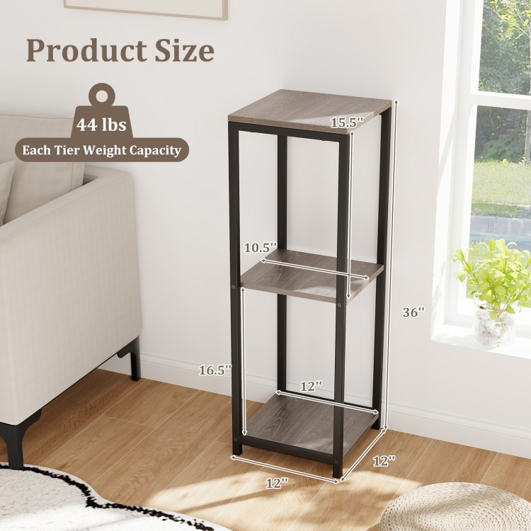 3-tier tall metal plant stand in black and gray, featuring a sturdy design and anti-tipping device, ideal for corner.