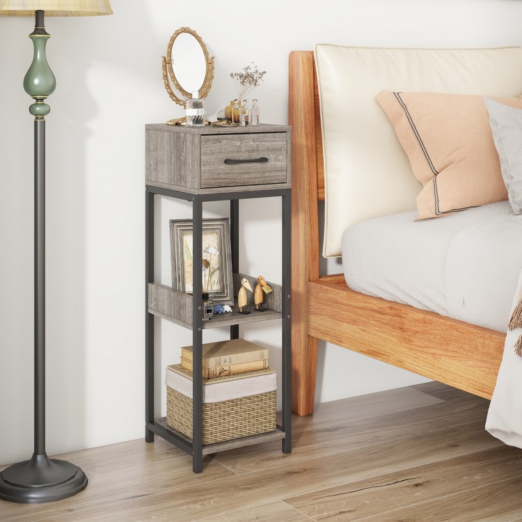 Three-tier tall plant stand in gray with drawer, featuring open shelves for plants and anti-tipping devices for safety.