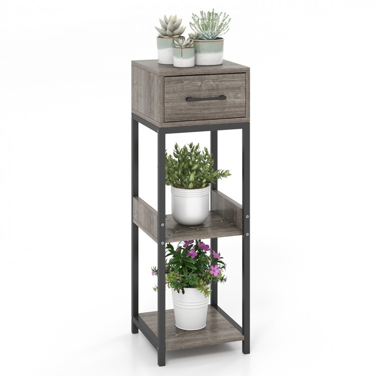 3-tier tall plant stand in gray with drawer, featuring open shelves for plants and anti-tipping devices for safety.