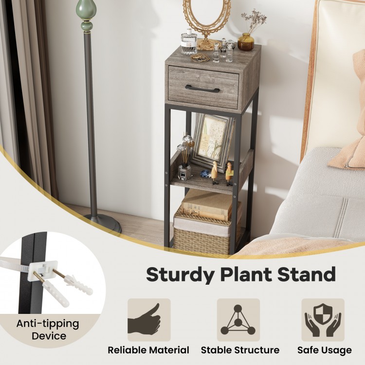 3-tier gray plant stand with drawer, featuring anti-tipping devices, ideal for living room or balcony organization.