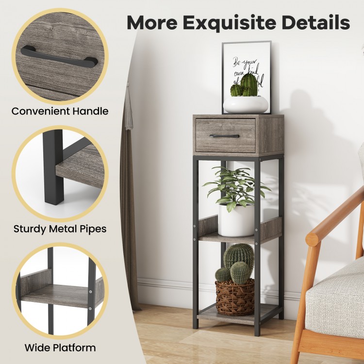 3-tier tall plant stand with drawer in gray, featuring sturdy metal pipes and open shelves for plants and decor.