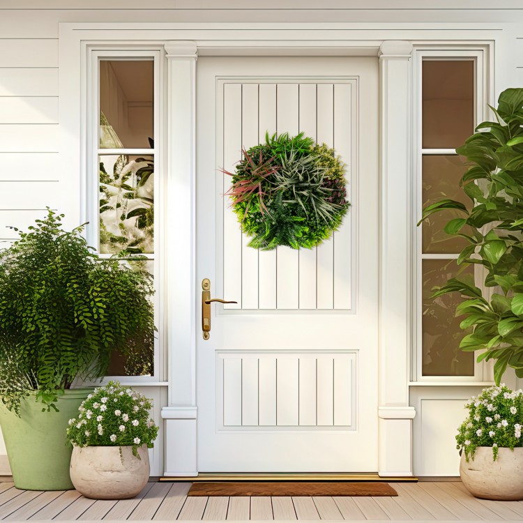 Artificial foliage wall art featuring vibrant faux plants, suitable for indoor and outdoor decor, enhancing any space.