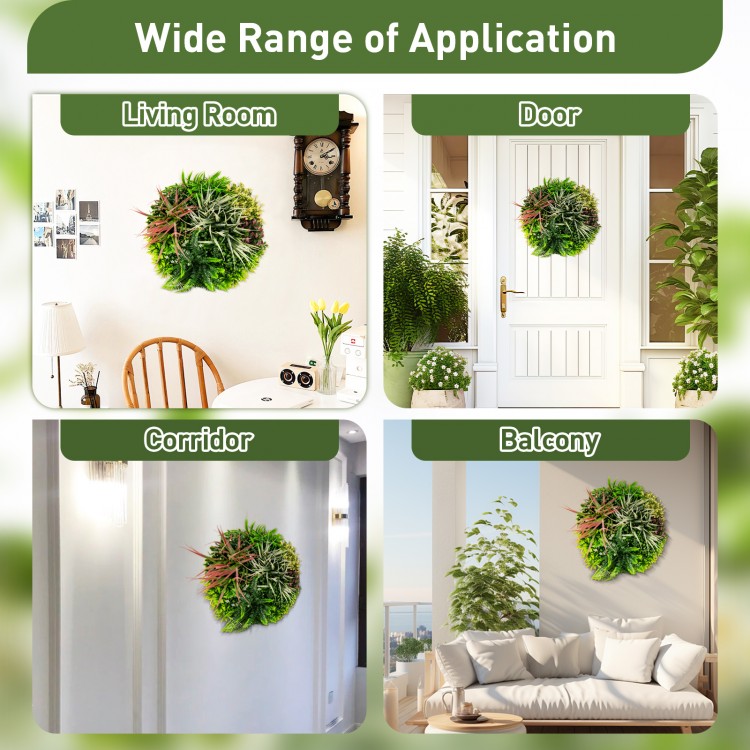 Square framed artificial foliage wall art featuring vibrant faux plants, suitable for indoor and outdoor use in various.