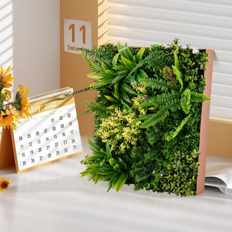 Close-up of a 20" x 20" 3D hanging greenery hedge showcasing vibrant faux plants, perfect for home or office decor.