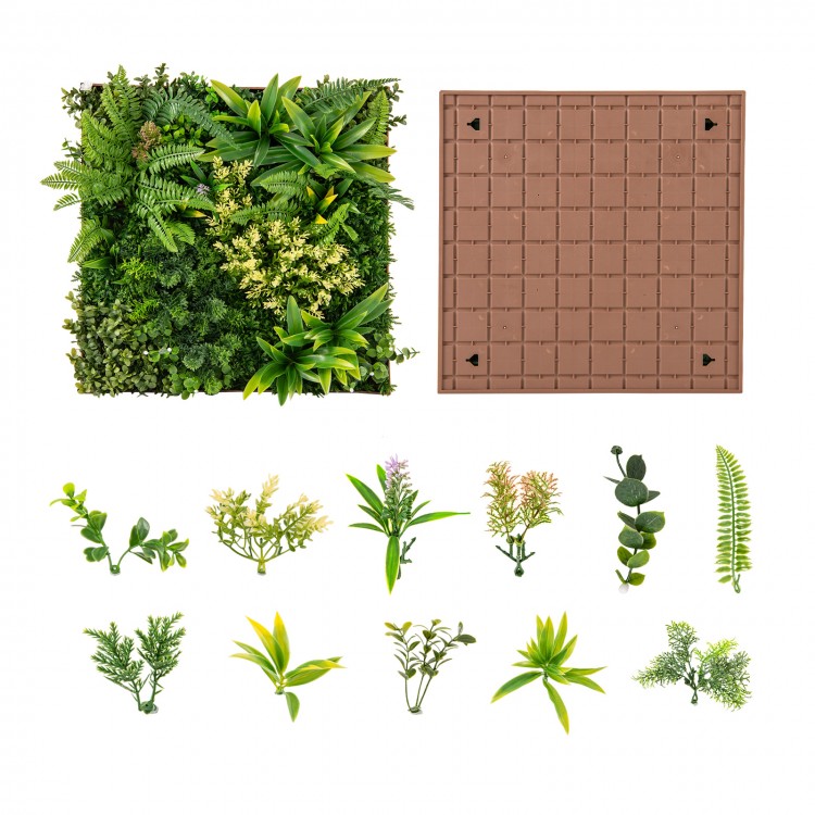 Vibrant 20" x 20" 3D hanging greenery hedge featuring 11 types of faux plants, ideal for indoor and outdoor use.
