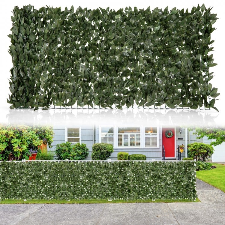 Artificial lily leaf privacy fence in a garden setting, made of durable polyester for year-round decor and privacy.