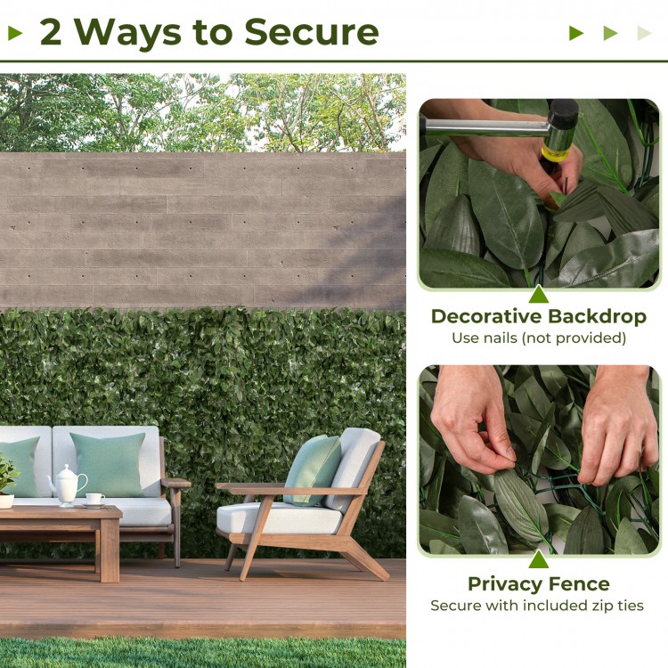 Artificial lily leaf privacy fence shown in a garden setting, made of durable polyester fabric for outdoor use.