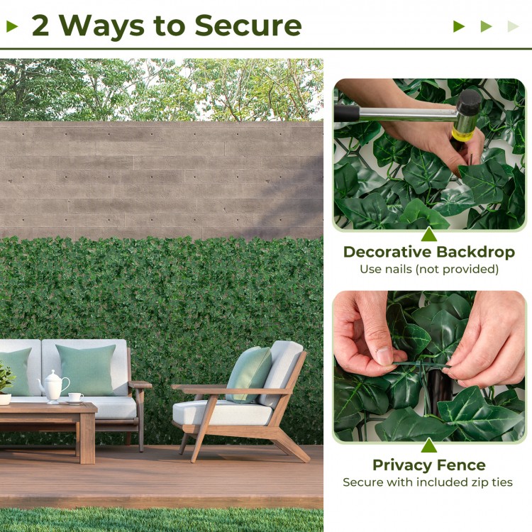 Artificial ivy privacy fence with dense leaves, ideal for outdoor decoration and easy to secure with zip ties.