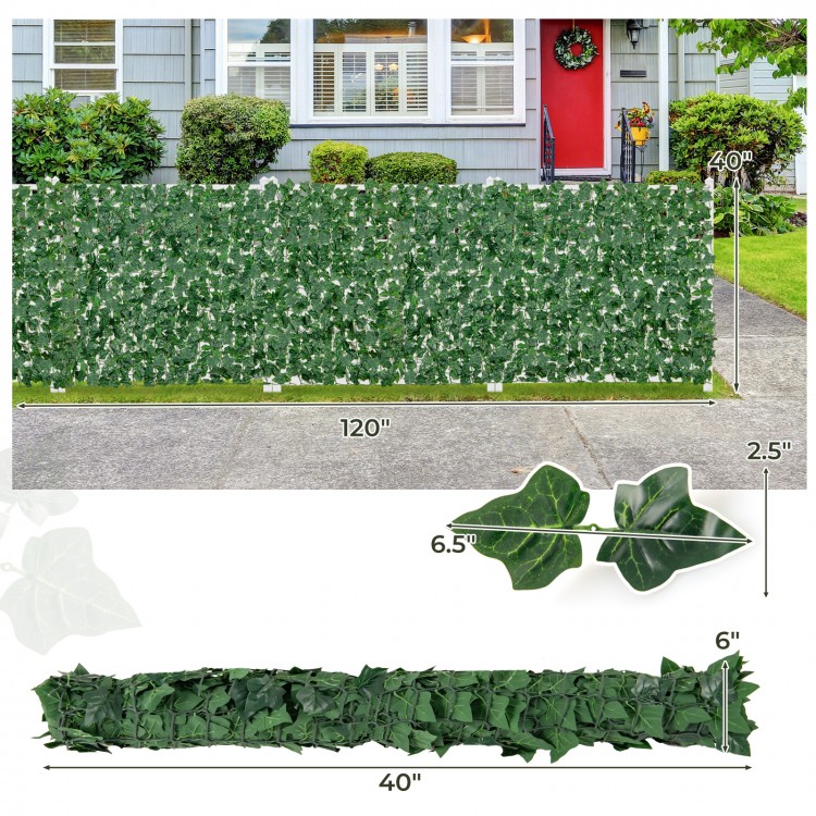 Artificial ivy privacy fence measuring 120 x 40 inches, featuring dense, non-fading PE leaves for indoor and outdoor.