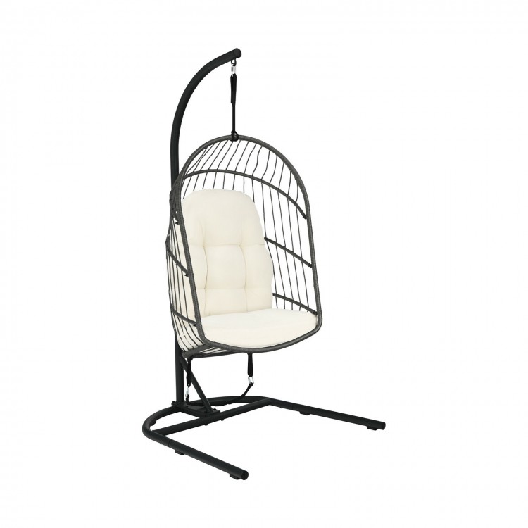 Hanging wicker egg chair with beige cushions, featuring a sturdy steel frame and a c-type base for outdoor or indoor.