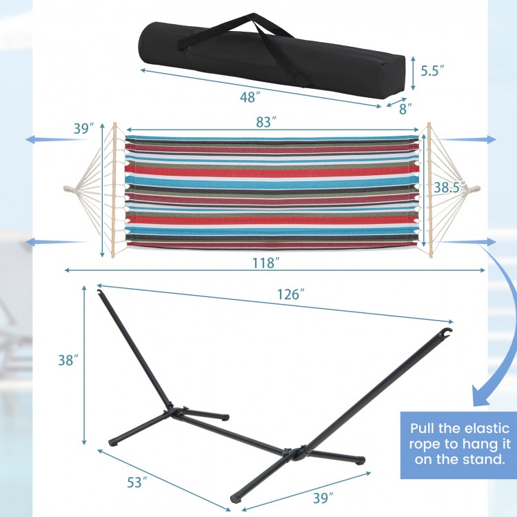 Multicolor hammock with heavy-duty stand, dimensions 118"x48", includes carrying case for easy transport and storage.