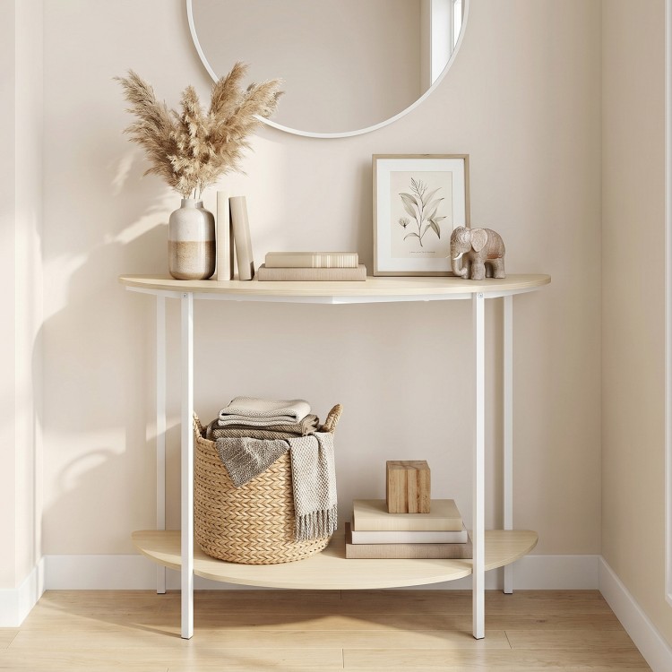 Half moon console table with oak finish, featuring a 2-tier design for storage in a stylish entryway setting.