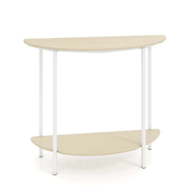 Half moon console table with oak finish, 2-tier design, and metal frame for entryway storage and decor.