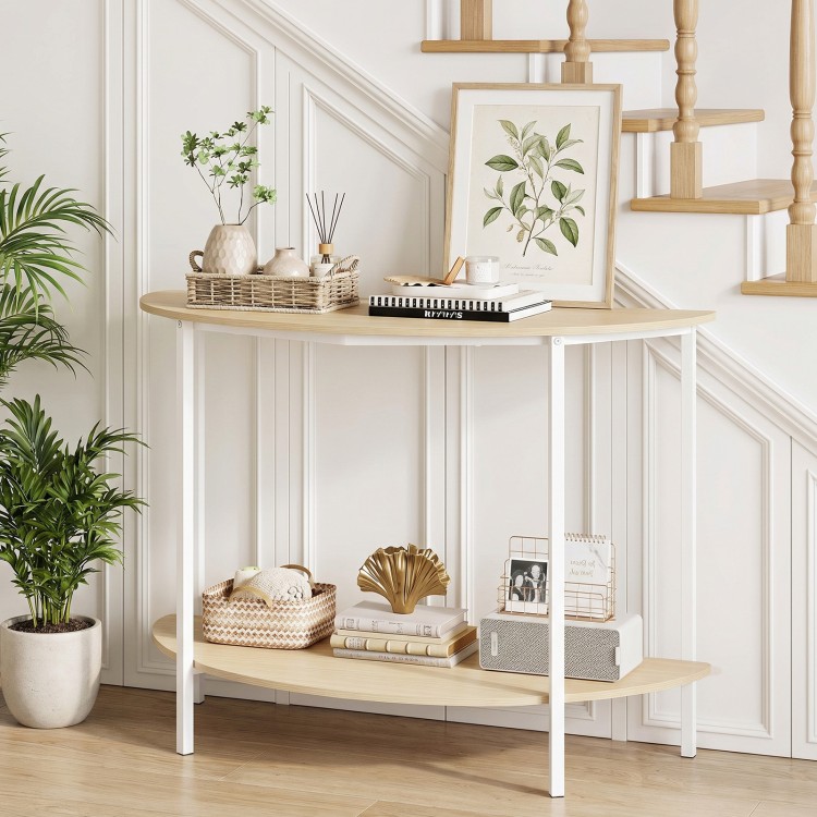 Half moon console table with oak finish, featuring a 2-tier design and metal frame, perfect for entryway storage.