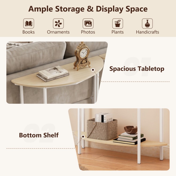 Half moon console table with oak finish, featuring a spacious tabletop and bottom shelf for storage in entryway.