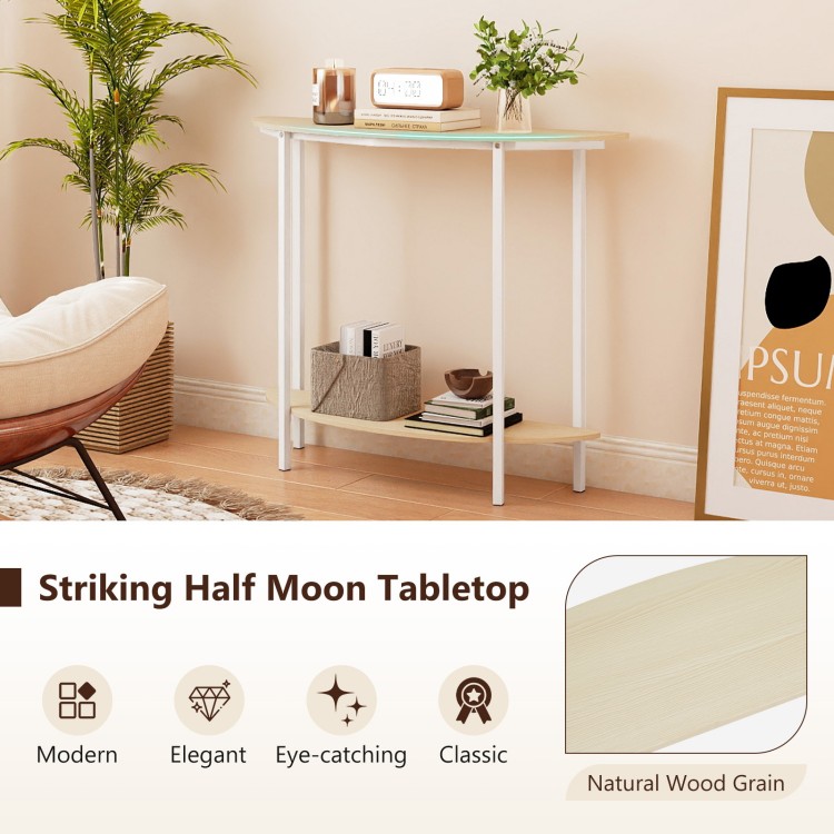 Half moon console table with natural wood grain, 2-tier design, and sturdy metal frame for entryway storage.