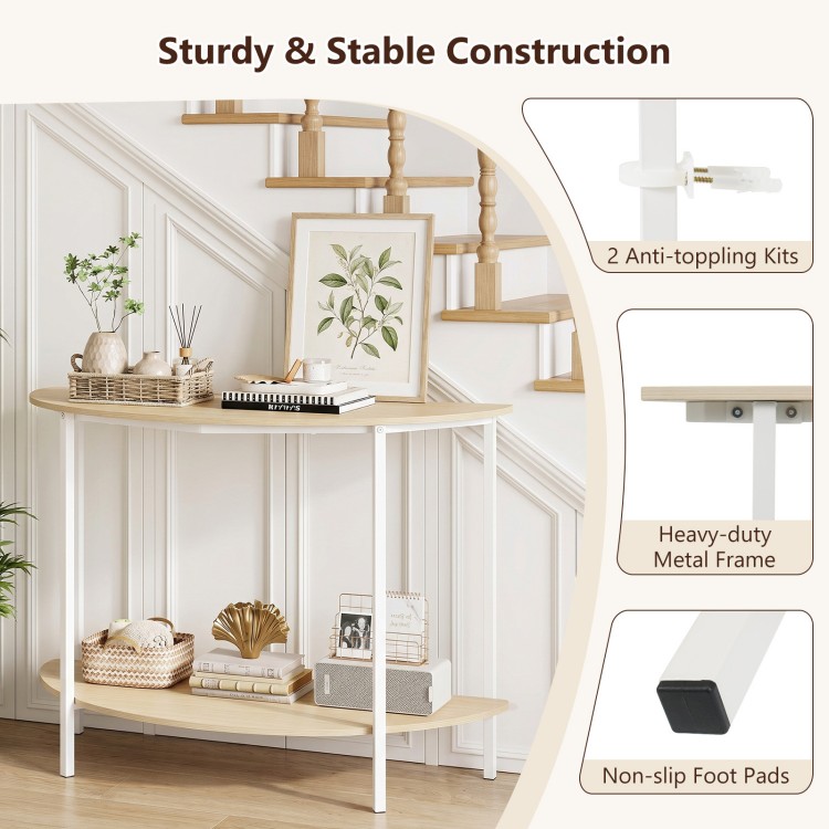 Half moon console table with oak finish, 2-tier design, heavy-duty metal frame, ideal for entryway storage.