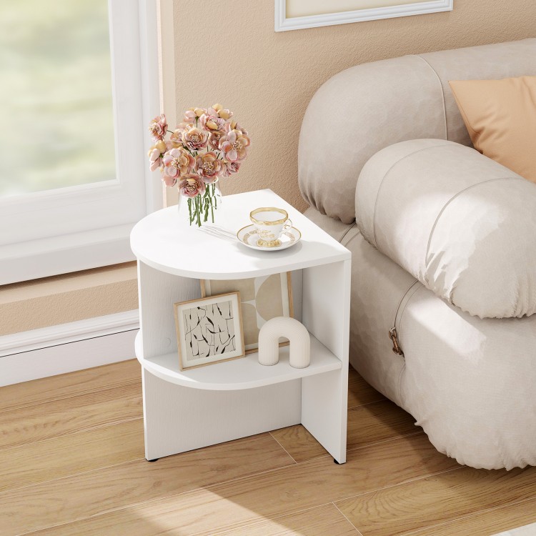 Half round end table in white with open shelves, perfect for small spaces in living room or bedroom.