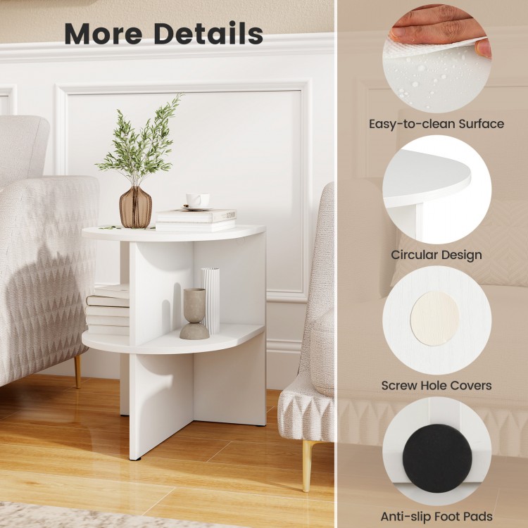 Half round end table in white with open shelves, circular design, and anti-slip foot pads for small spaces.