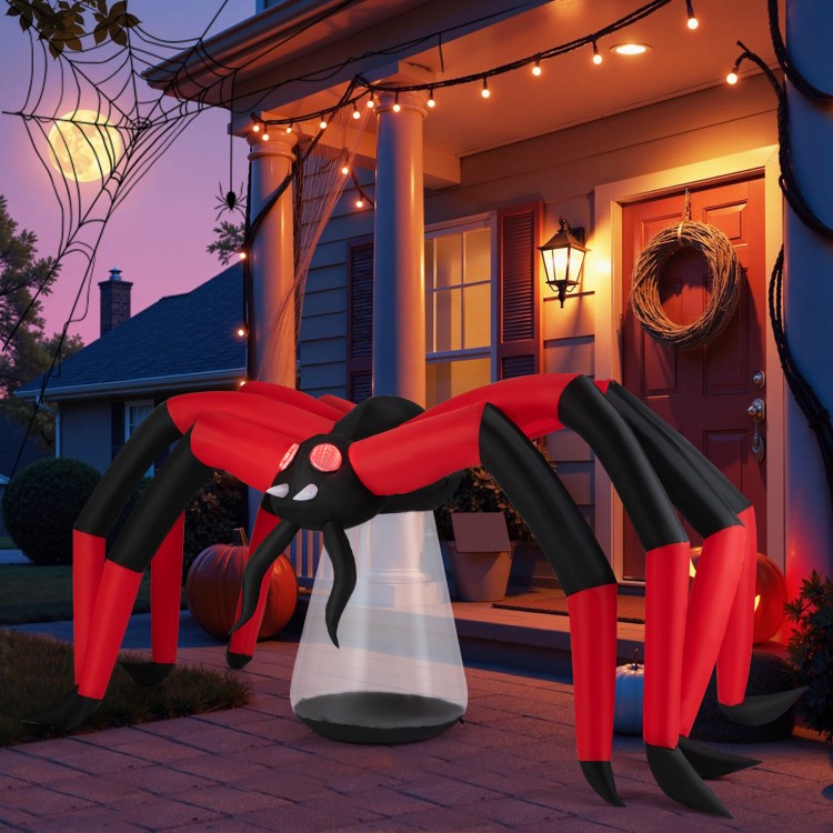 Inflatable Halloween spider with red tunnel light eyes, 10-ft span, perfect for outdoor spooky decor.