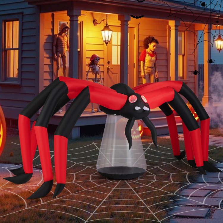 Inflatable Halloween spider with red tunnel light eyes, 10-ft span, perfect for outdoor spooky decorations.