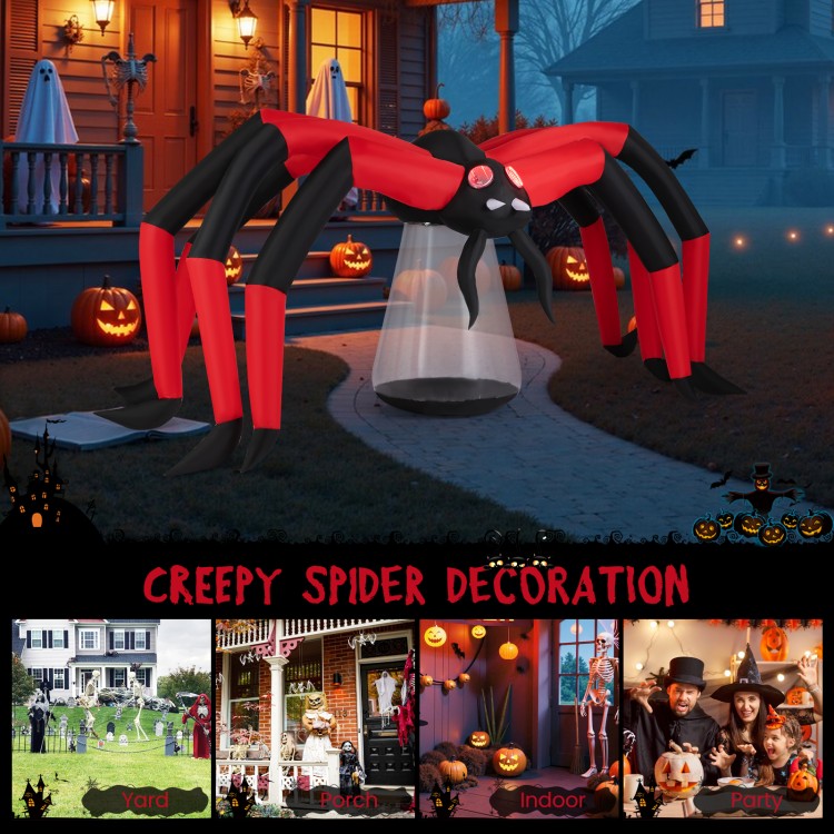 10-ft Halloween inflatable spider with red tunnel light eyes, perfect for yard decoration and outdoor spooky ambiance.