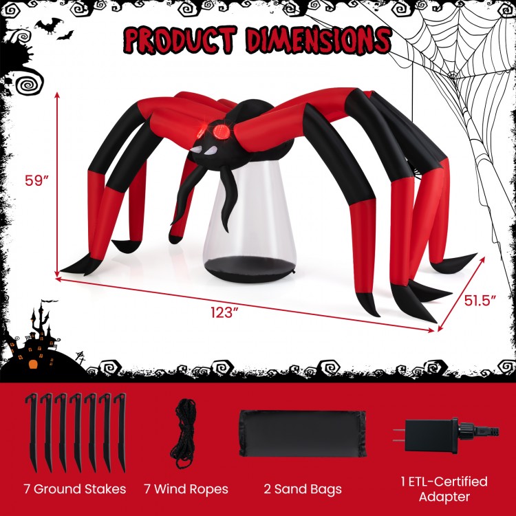 Halloween inflatable spider with red tunnel light eyes, 10-ft span, and secure installation accessories for outdoor use.