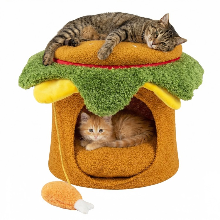 Hamburger cat nest in yellow with plush chicken drumstick toy, featuring a removable cushion for indoor cats.
