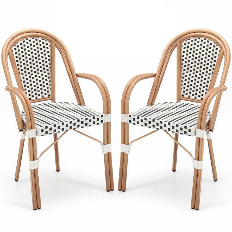 Hand-woven PE wicker outdoor French bistro chairs set of 2 with a wood-like frame, perfect for patio or backyard use.
