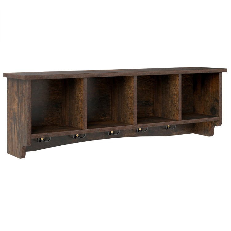 Wall-mounted brown entryway shelf coat rack with four compartments and five hooks for efficient storage solutions.