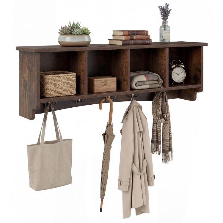 Wall-mounted brown coat rack with four compartments and five hooks for efficient storage in entryways or living spaces.