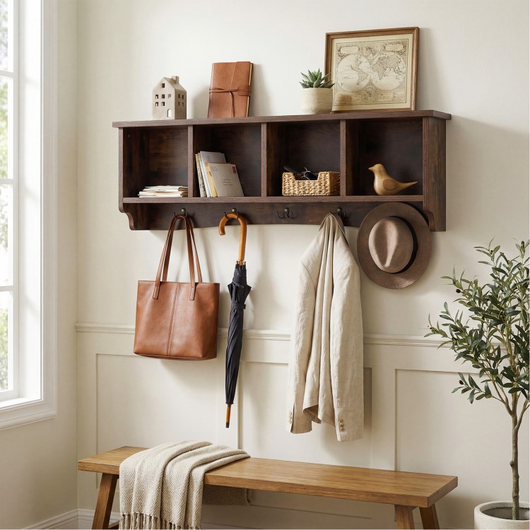 Wall-mounted brown coat rack with four compartments and five hooks, perfect for entryway storage and organization.