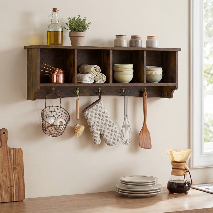 Wall-mounted brown storage cabinet with four compartments and five hooks for coats and keys, perfect for space-saving.