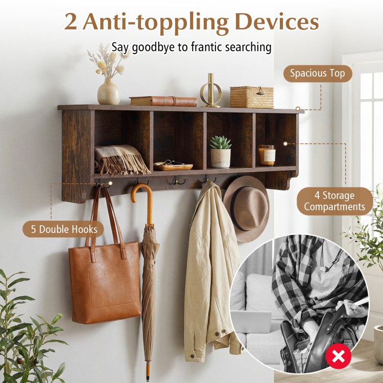 Wall-mounted brown coat rack with five hooks and four compartments for organized storage in entryways or living spaces.