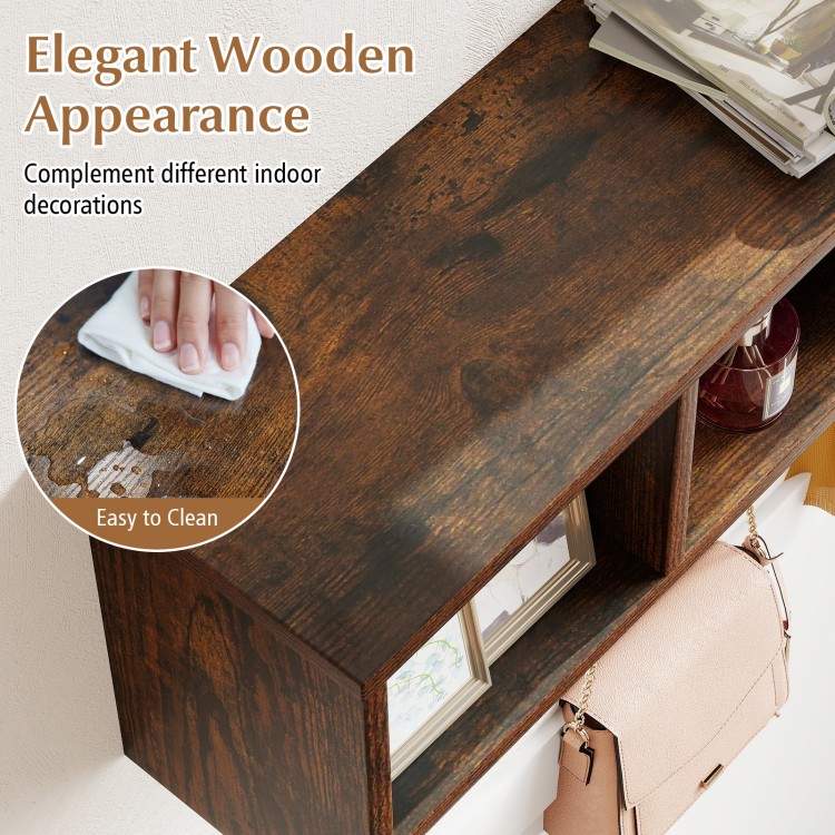 Wall-mounted brown entryway shelf with four compartments and five hooks, perfect for organizing coats and keys.