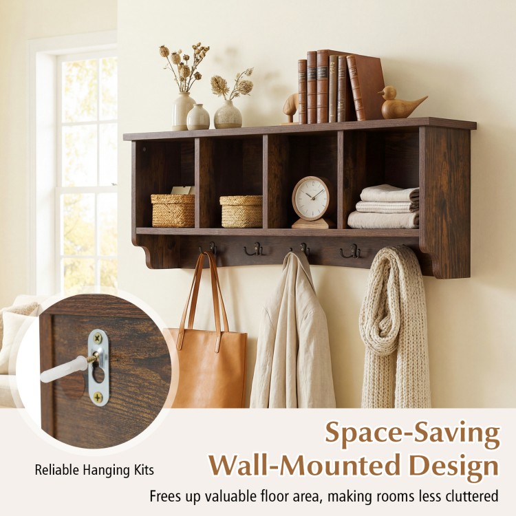Wall-mounted brown coat rack with four compartments and five hooks, ideal for entryway storage and organization.
