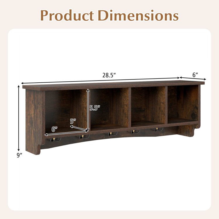 Dimensions of the wall-mounted brown entryway shelf coat rack, featuring four compartments and five hooks for versatile.