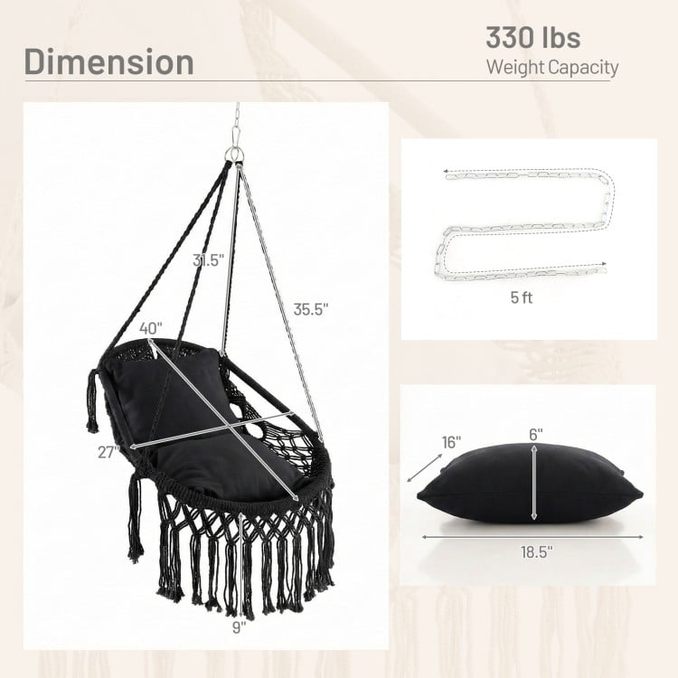 Hanging hammock chair in black with soft cushions, sturdy rope chain, and elegant tassels for indoor or outdoor use.