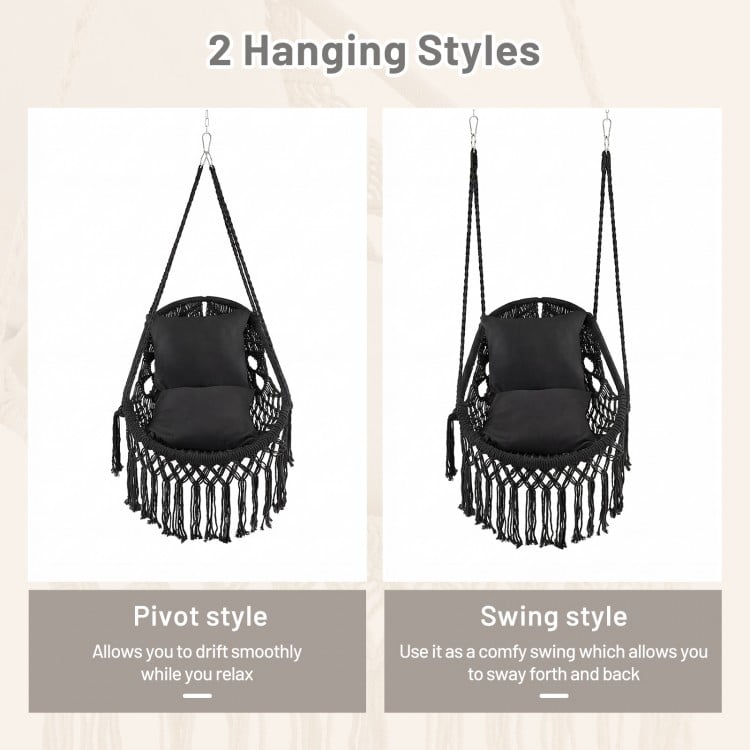 Hanging hammock chair in black with soft cushions, showcasing pivot and swing styles for versatile indoor or outdoor.