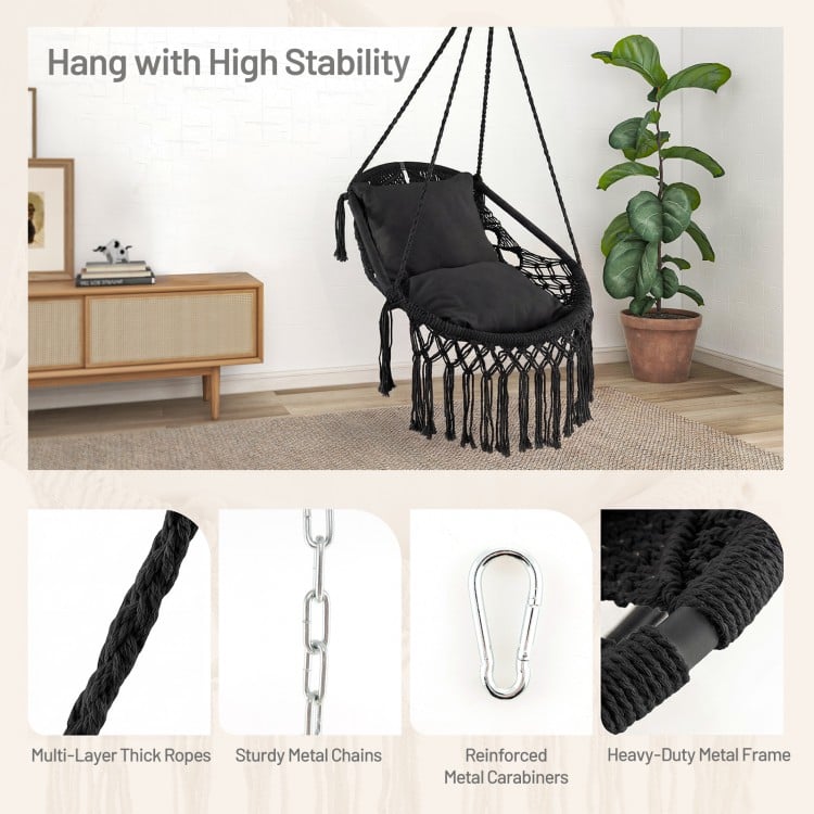 Hanging hammock chair in black with soft cushions, sturdy rope chain, and heavy-duty metal frame for indoor or outdoor.