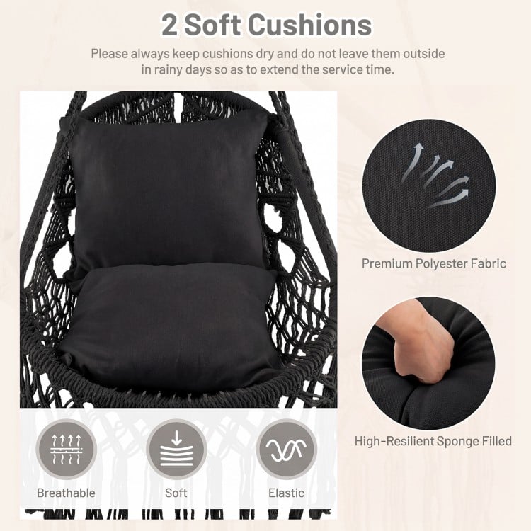 Black hanging hammock chair featuring soft cushions and sturdy rope chain, ideal for indoor and outdoor relaxation.