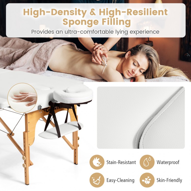 Portable adjustable facial spa bed in white with high-density sponge, designed for comfort and easy transport for.