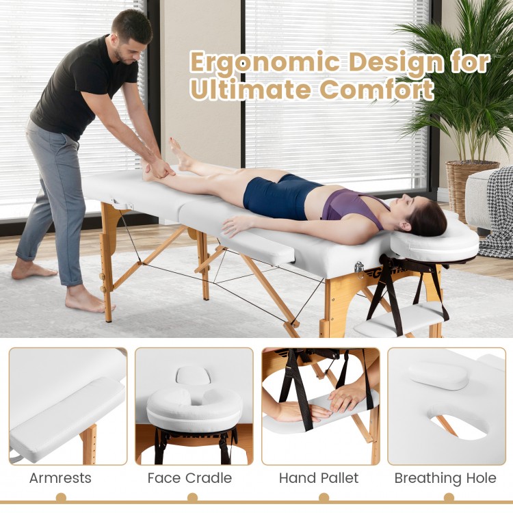 Portable adjustable facial spa bed in white with armrests and face cradle, designed for comfort and easy transport.