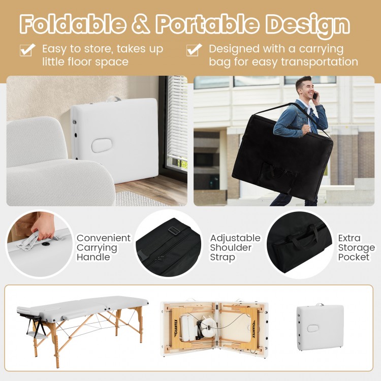 Portable adjustable facial spa bed in white, foldable design with carrying case for easy transport and storage.
