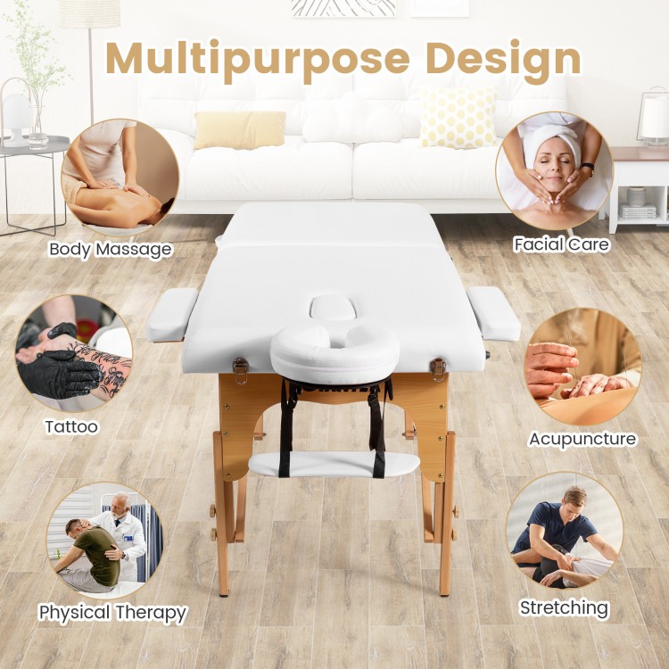 Portable adjustable facial spa bed in white with headrest and armrests, ideal for massage, tattoo, and therapy sessions.