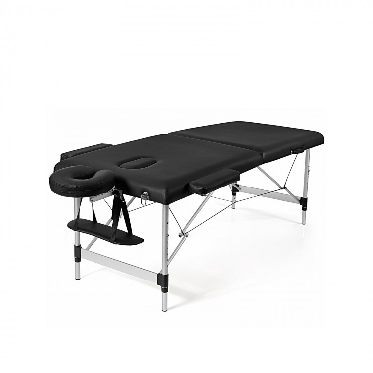 Portable adjustable massage bed in black with headrest and armrests, designed for spa and facial treatments.