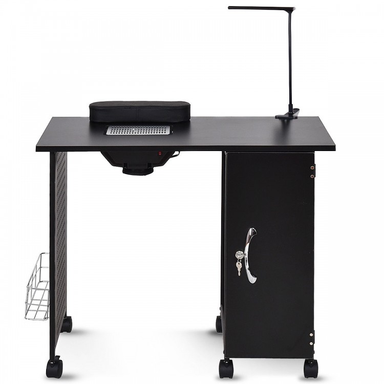 Deluxe salon manicure table with black steel frame, electric downdraft vent, and locking cabinet for organized storage.